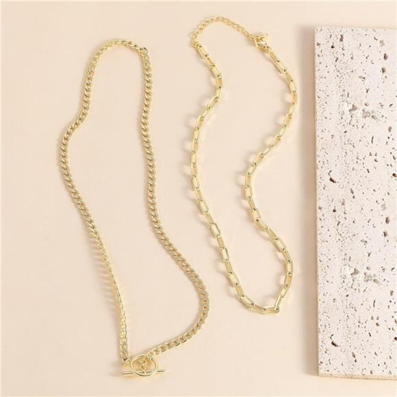 2-Layer Gold Necklace Set for Women – Paperclip & Toggle Chains - Picture 1 of 4